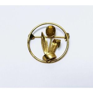 Vintage Gold Floral Ring Brooch 1 1/4" Gold Flower Yellow Stone (jb3)